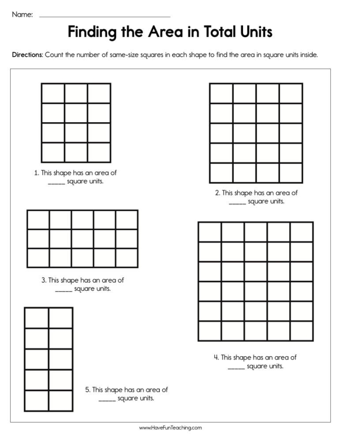 Worksheet illustrating area calculation by counting unit squares for third graders