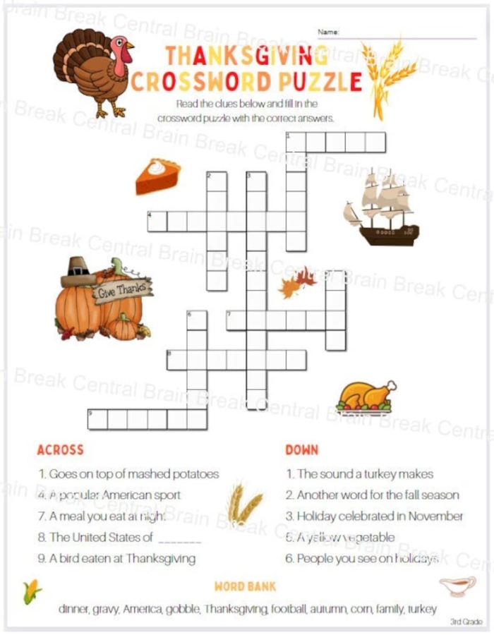 Third grade vocabulary crossword puzzle worksheet with spelling and word definition clues for elementary students