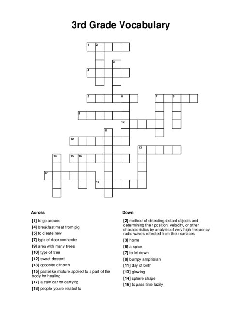 A third grade student completing a vocabulary crossword puzzle with grade-appropriate words and spelling challenges
