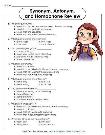 Third grade synonyms and antonyms vocabulary building worksheet page 3