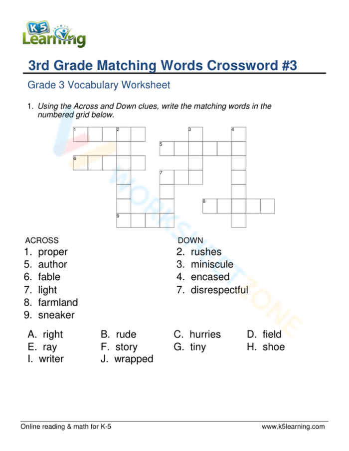 3rd Grade Vocabulary Crossword worksheet featuring engaging spelling puzzles for kids