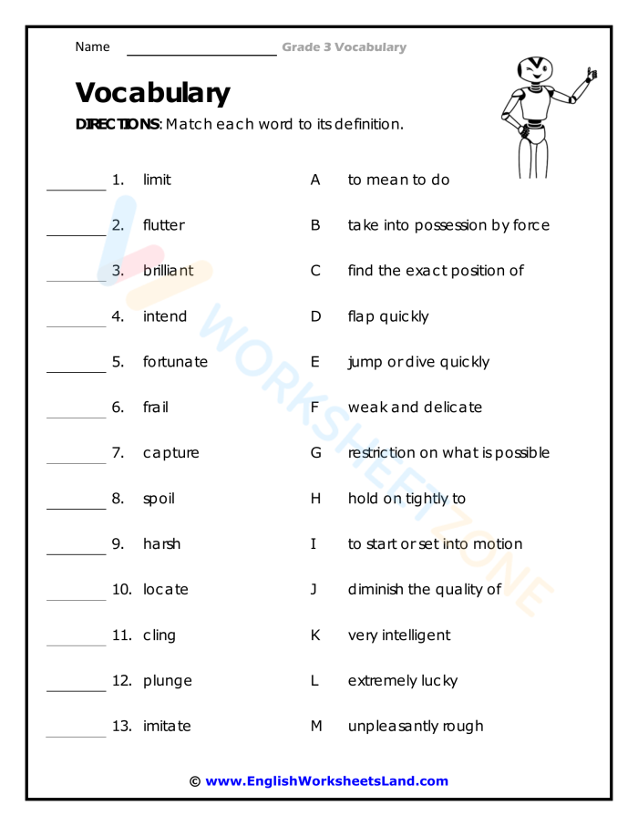 A third grade student completing a vocabulary crossword puzzle with grade-appropriate words and clues