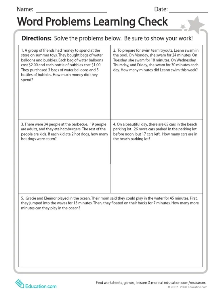 Third grade students solving multi-step word problems with mixed operations on a learning check worksheet