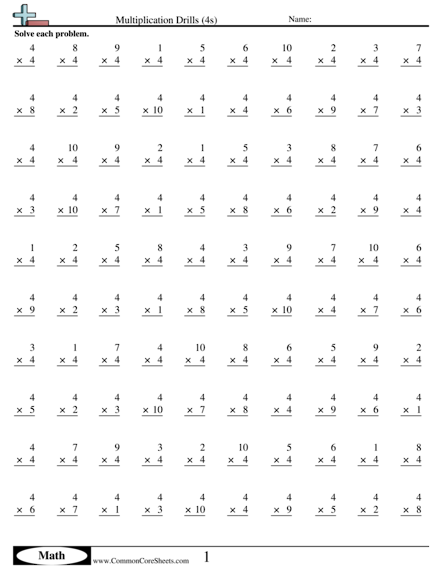 Times Tables: 4s Practice Sheet for Elementary Students Third grade math worksheet featuring times tables multiplication problems focusing on the number four
