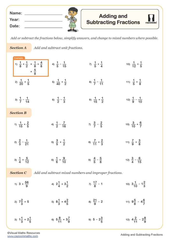 Worksheet for introducing fourth graders to adding fractions