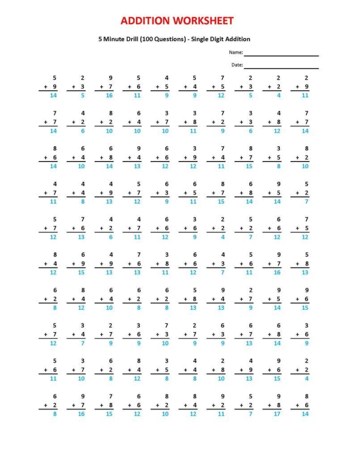 Colorful addition worksheet for fourth graders featuring a 3-minute math drill
