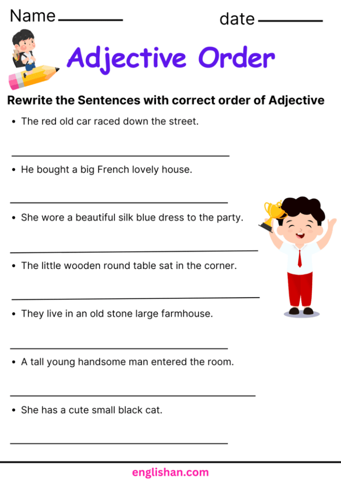 Fix the Sentences Adjective Order Worksheet 13 Fourth grade worksheet for practicing the correct sequence of adjectives in sentences