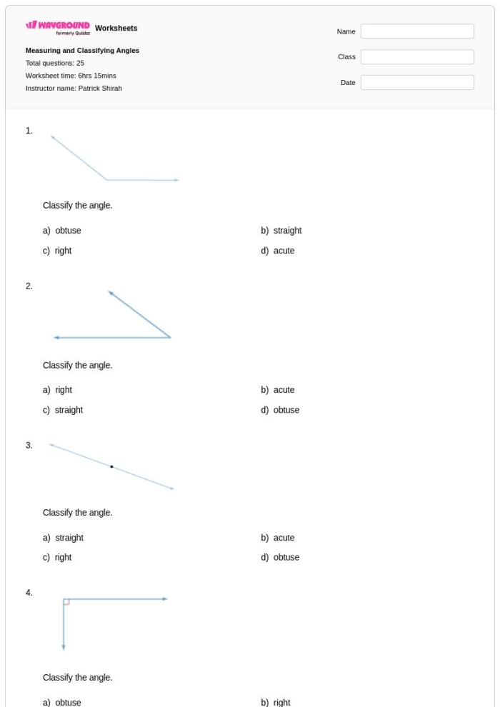 Fourth grade students using built-in protractors to measure and classify geometric angles on a worksheet