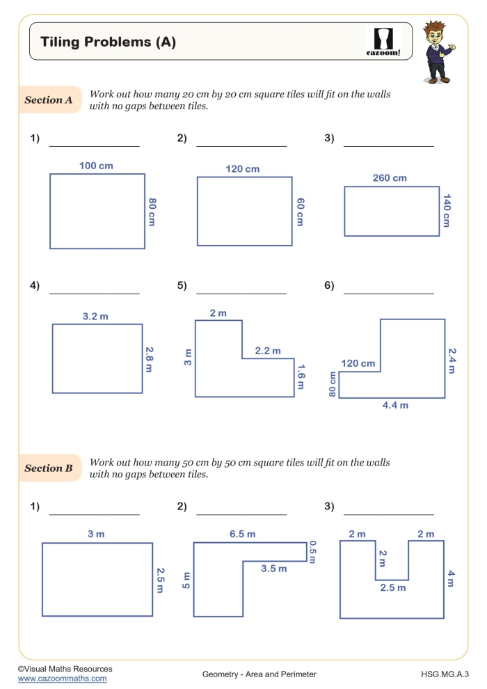 Level 2 worksheet for fourth graders on finding the area of rectangles Colorful geometry worksheet featuring seven rectangles for area calculation