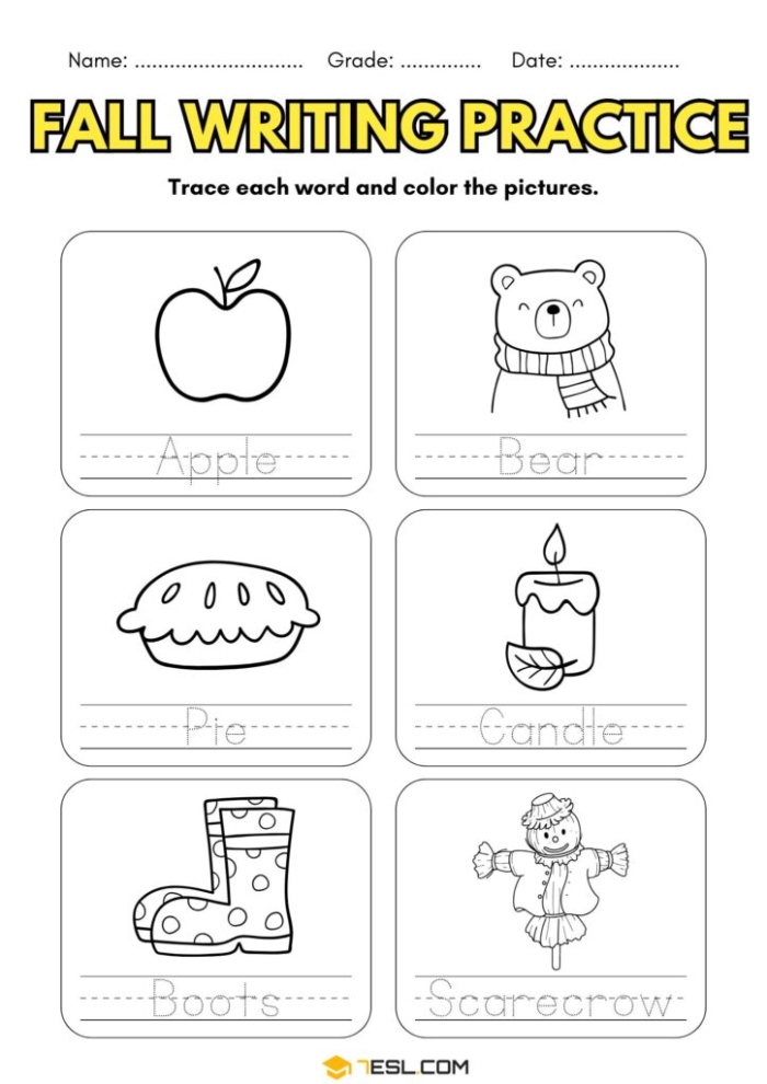 Autumn Word Problems Practice Sheet for Elementary Math Learners Fourth grade students solving autumn-themed math word problems involving addition, subtraction, multiplication and division operations