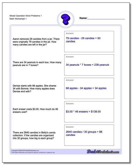 Fourth grade mixed word problems worksheet featuring birthday party planning scenarios for students to solve