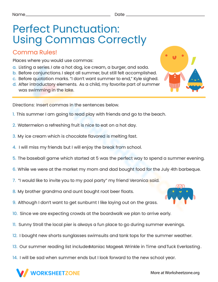 Fourth grade students practice placing commas correctly in sentences on this educational punctuation worksheet