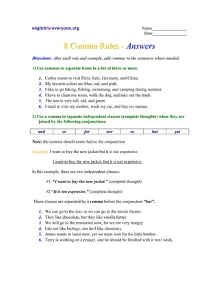 A fourth grade student completes a worksheet focused on mastering proper comma placement for time and money expressions.