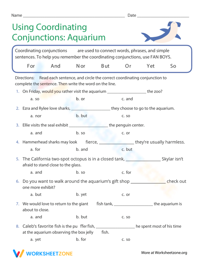 Fourth grade aquarium worksheet focusing on coordinating conjunctions for grammar practice