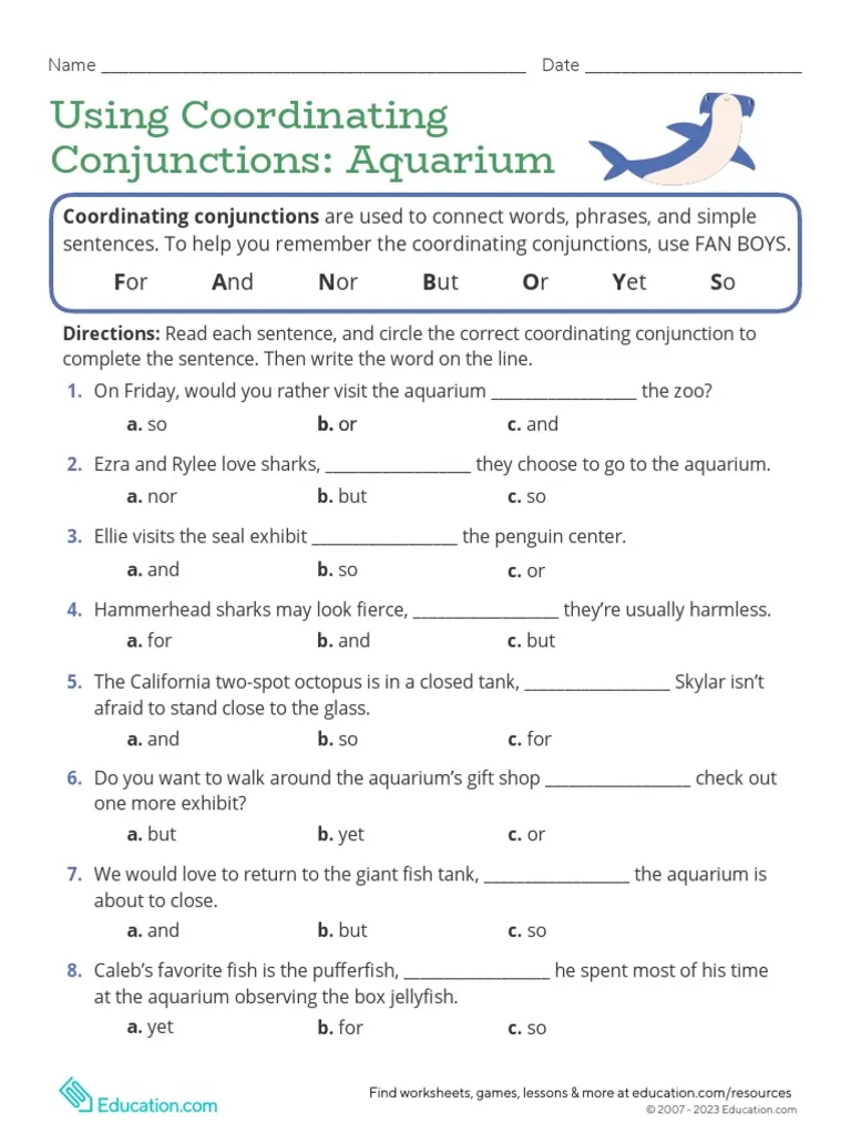 Fourth grade students practice coordinating conjunctions with colorful aquarium and fish illustrations on a grammar worksheet