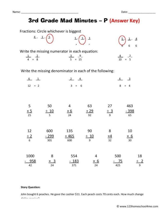 Fourth grade student working on a 3 Math Minutes decimal subtraction worksheet
