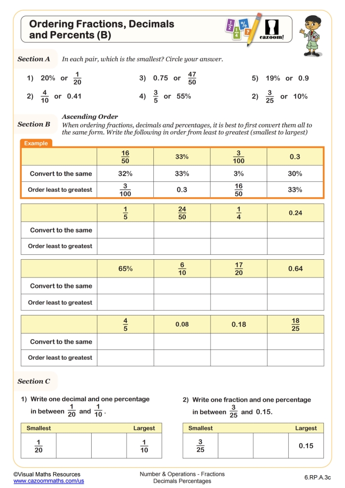 Fourth grade worksheet for converting decimals between zero and one into their equivalent fractions