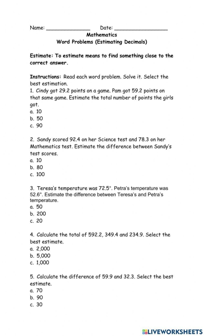 Fourth grade worksheet featuring practice problems for rounding decimals and converting them to percents in science contexts