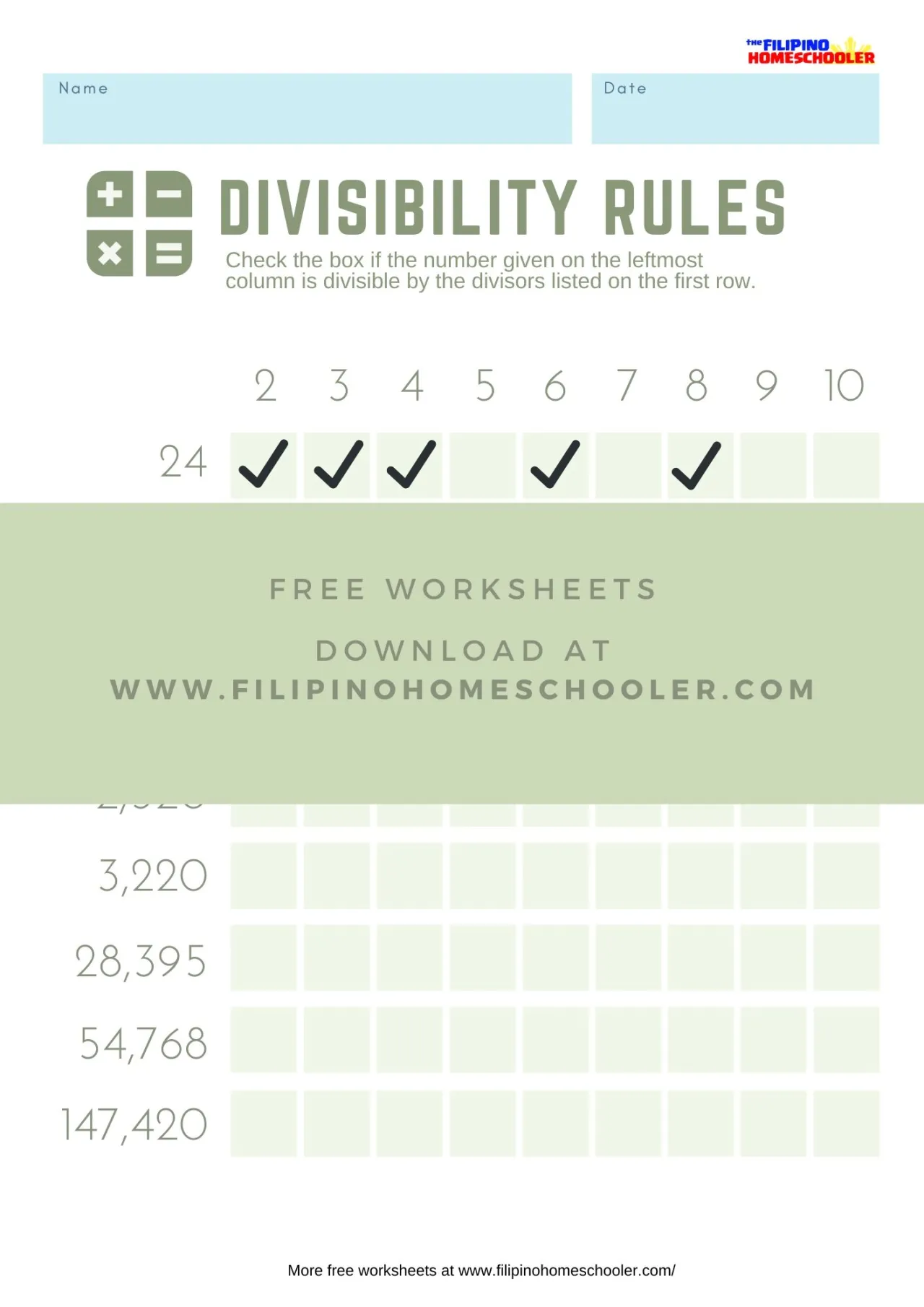 Fourth grade divisibility rules worksheet showing rules and practice examples for students to complete