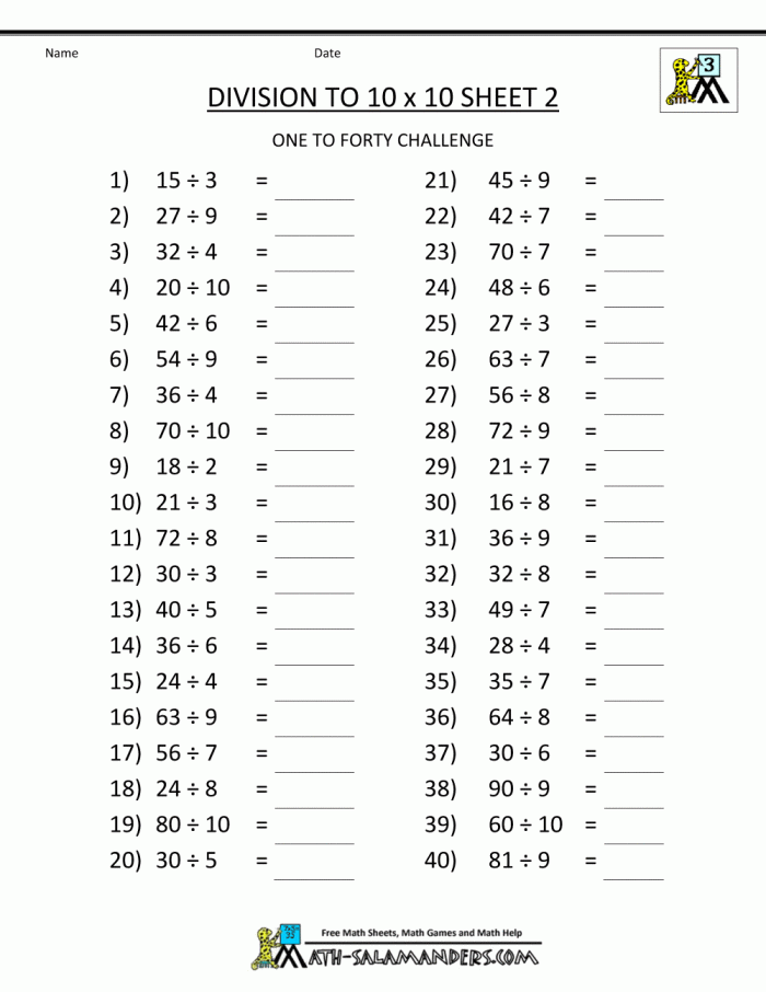 Fourth grade division practice worksheet with one and two digit vertical and linear division problems for math skills development
