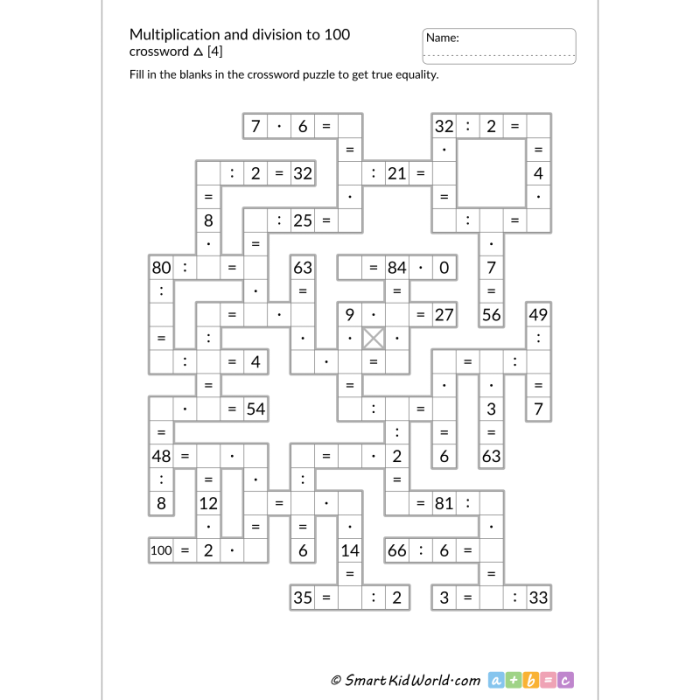 Division crossword worksheet designed for fourth graders to practice division skills