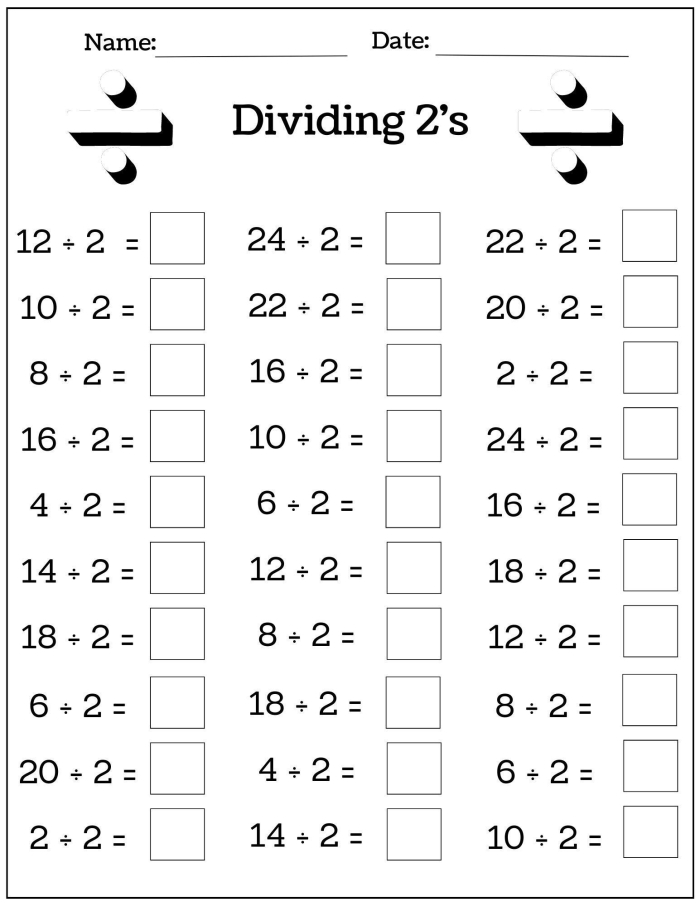 Fourth grade division practice worksheet showing one and two digit division problems in vertical and linear formats