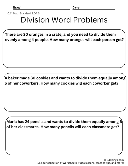 Simple Division Word Problems Worksheet 10 Fourth grade math worksheet featuring seven simple division word problems for students