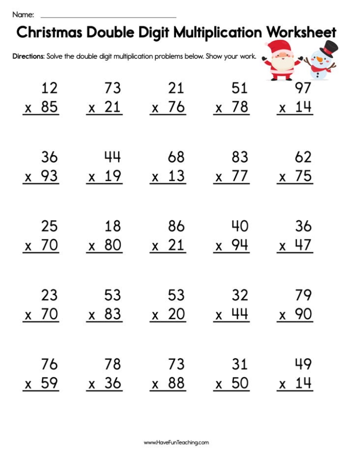 Double-Digit Multiplication Worksheet 17 for Fourth Grade Math Practice Fourth grade student practicing double-digit multiplication on a math worksheet