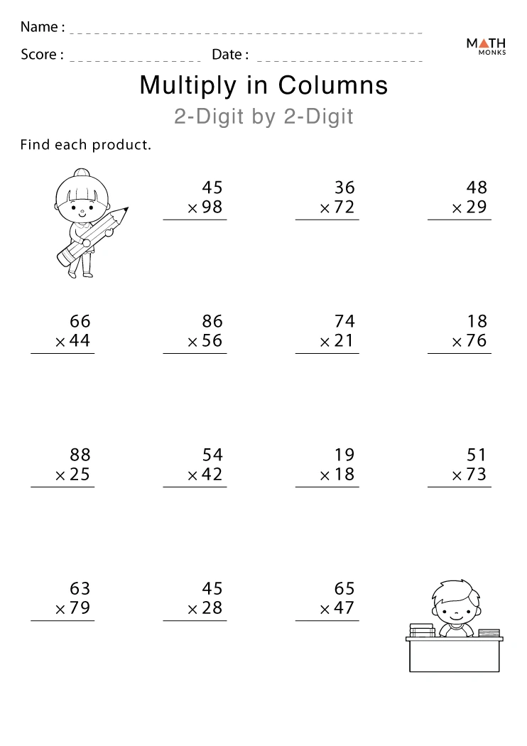 Double-Digit Multiplication Worksheet Number 18 for Fourth Grade Students Fourth grade student practicing double-digit multiplication problems on a printable worksheet