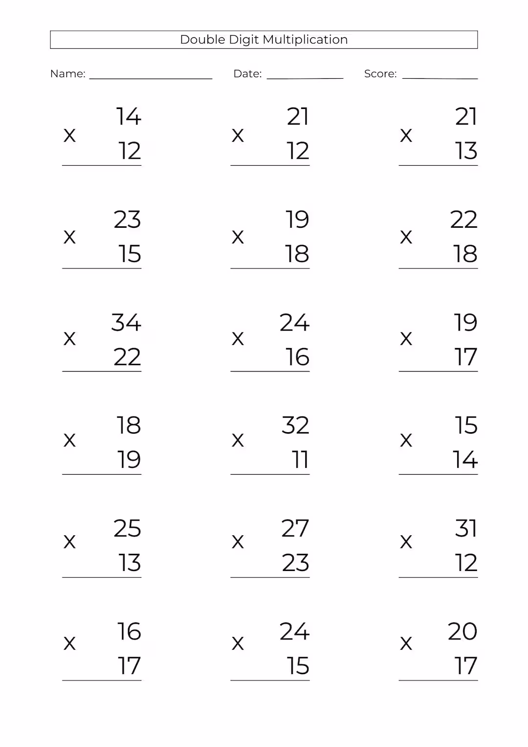 Double-Digit Multiplication Worksheet Number 13 for Fourth Grade Math Practice Fourth grade student working on a double-digit multiplication worksheet with space to show long multiplication steps