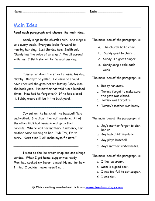 Find the Main Idea: Elephant worksheet for Fourth Grade