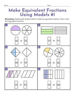 Bar models illustrating equivalent fractions for a fourth-grade geometry worksheet