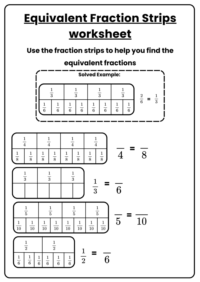 Worksheet featuring equivalent fractions using multiplication and division for fourth graders