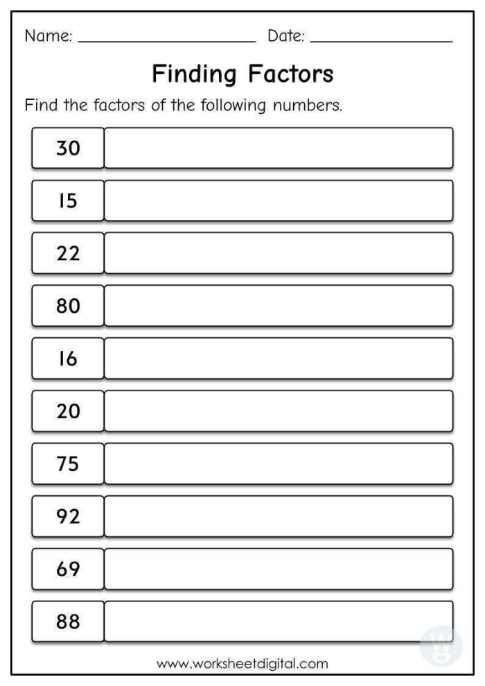 Worksheet for finding factor pairs of two-digit numbers designed for fourth graders
