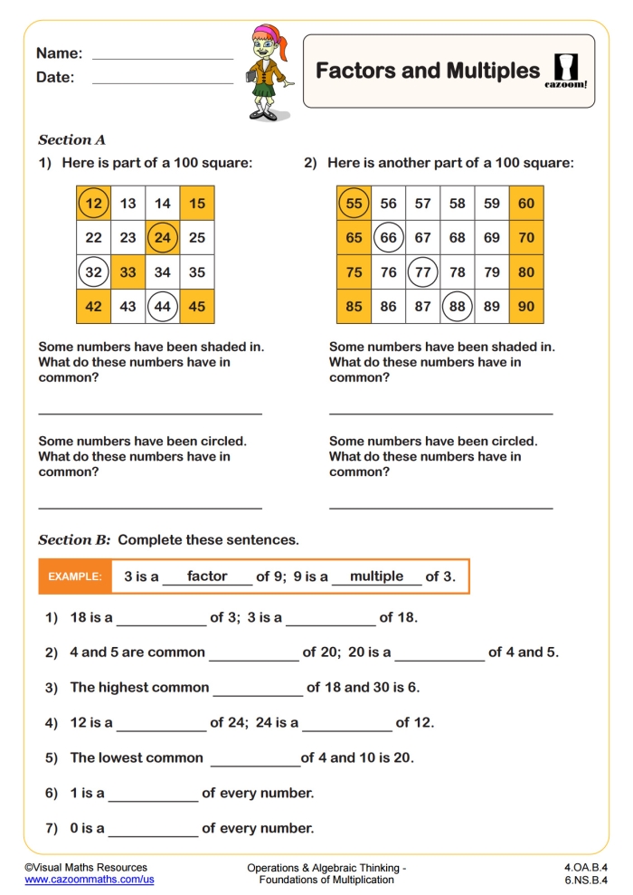 Fourth grade math worksheet for identifying factor pairs of two-digit numbers
