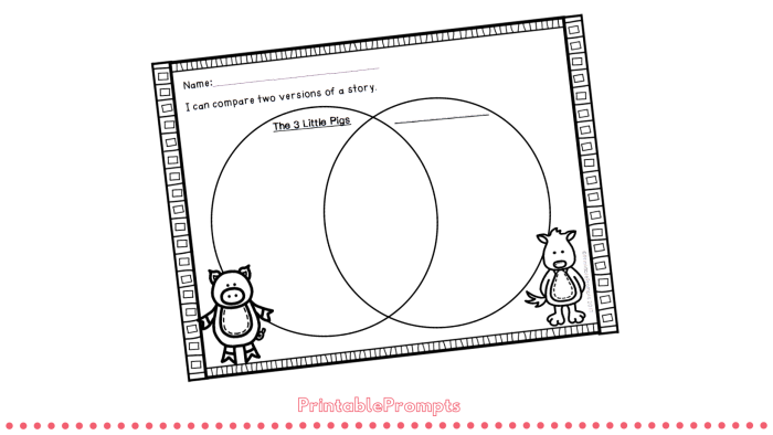 Fourth grade algebra worksheet showing a Venn diagram comparing two fairy tales with overlapping circles for similarities and differences