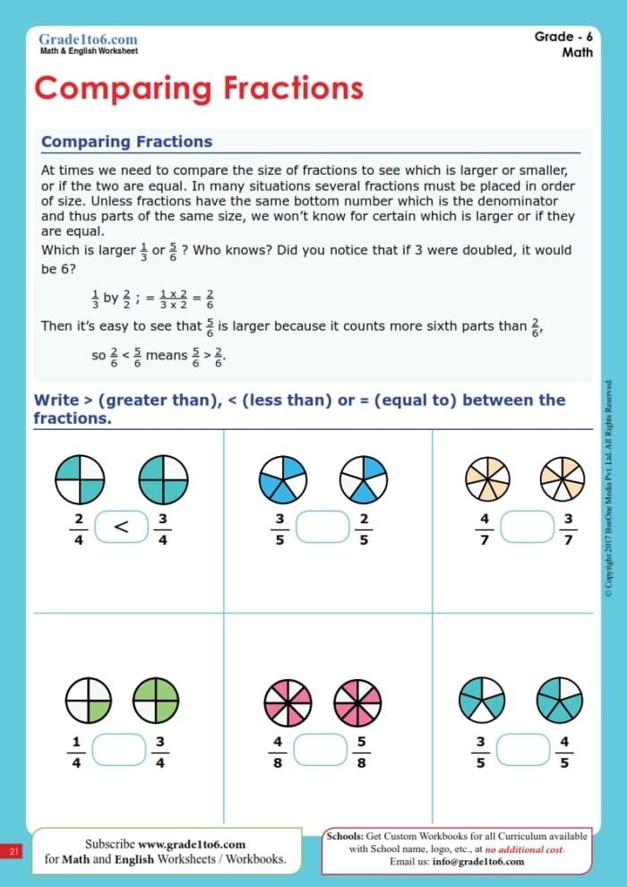 Fourth grade math worksheet for comparing fractions with greater than or less than signs