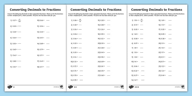 Worksheet featuring Fraction Basics: Converting Fractions and Decimals for fourth graders