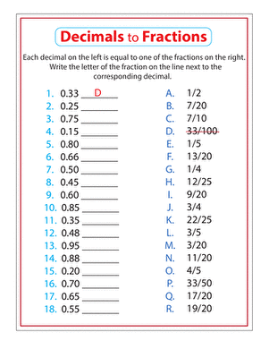 Fourth grade math worksheet featuring practice exercises for converting between fractions and decimals