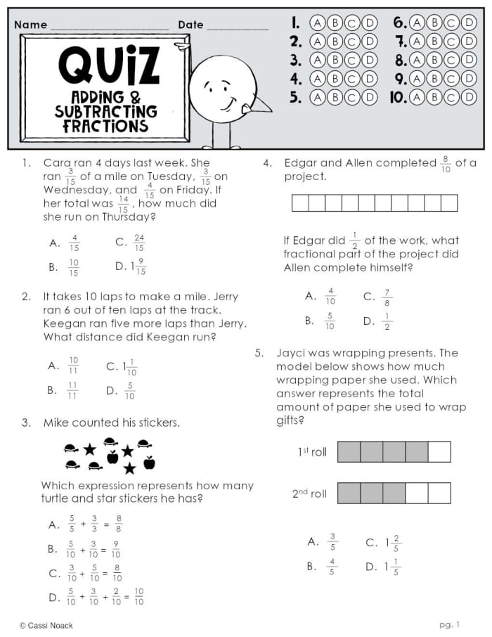 Adding and Subtracting Fractions Quiz Worksheet Number 12 Fourth grade math worksheet featuring problems on adding and subtracting fractions with like denominators