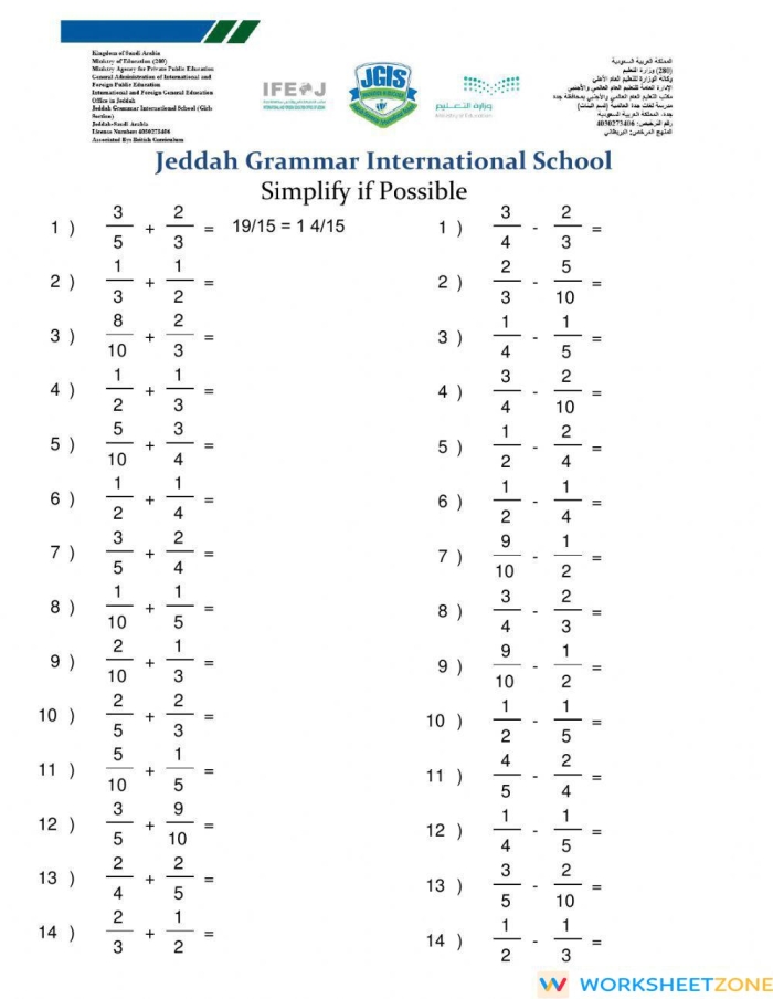 Fourth grade worksheet focused on adding and subtracting simple fractions for number ten