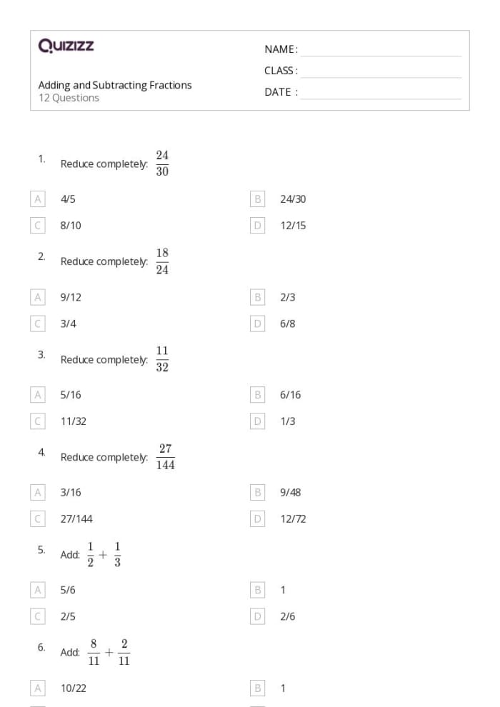 Adding and Subtracting Fractions Quiz Worksheet 11 Fourth grade math worksheet featuring adding and subtracting fractions with like denominators part eleven