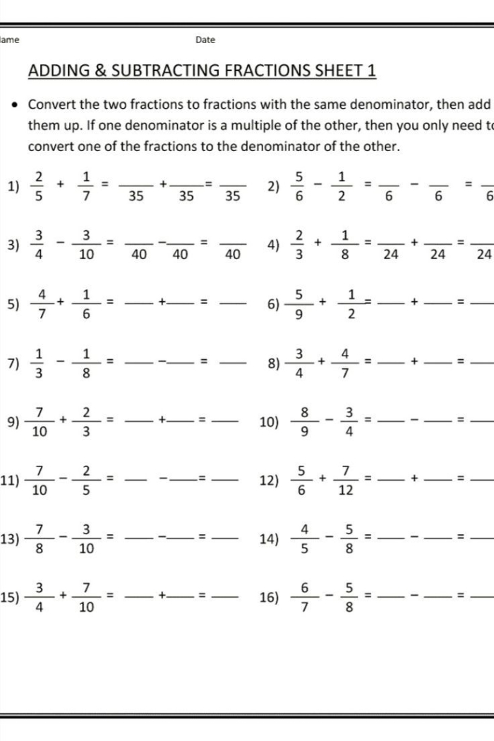 Fourth grade worksheet showing a variety of addition and subtraction fraction problems to solve