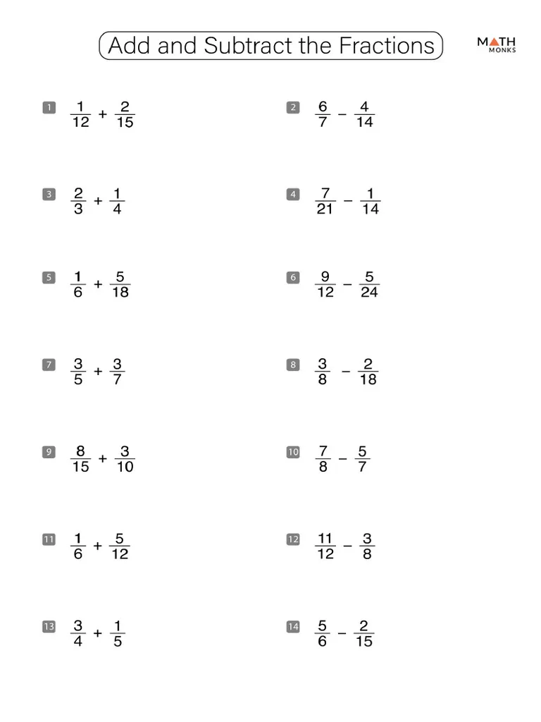 Adding and Subtracting Fractions Worksheets