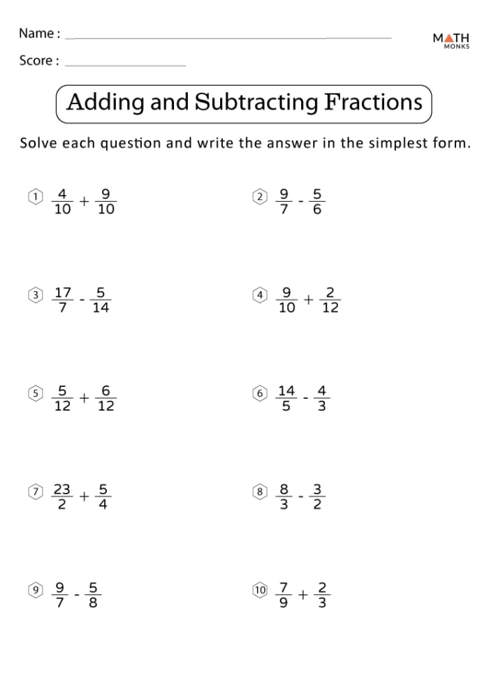 Fourth grade adding and subtracting fractions quiz worksheet, image 8 Worksheet featuring a quiz on adding and subtracting fractions with like denominators for fourth graders