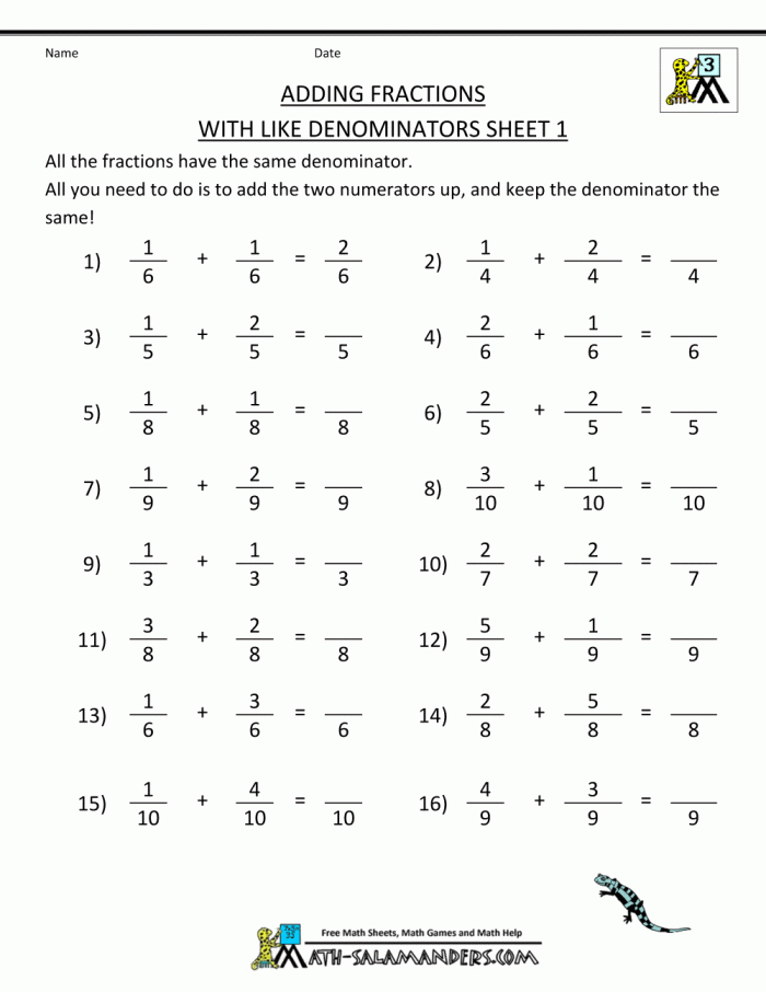 Worksheet for adding and subtracting fractions aimed at fourth graders
