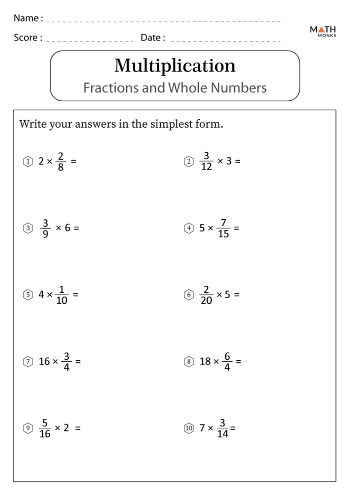 Fourth grade student completing a math worksheet focused on multiplying fractions by whole numbers