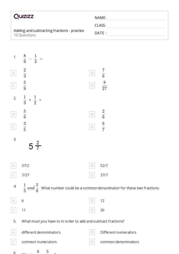 Subtracting Fractions with Same Denominators Worksheet for Fourth Grade Students Fourth grade worksheet for practicing the subtraction of fractions with common denominators