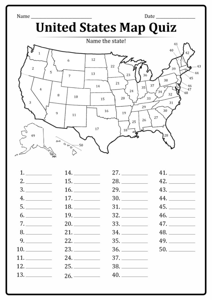 Printable worksheet for a 50 States Quiz designed for fourth graders studying geography