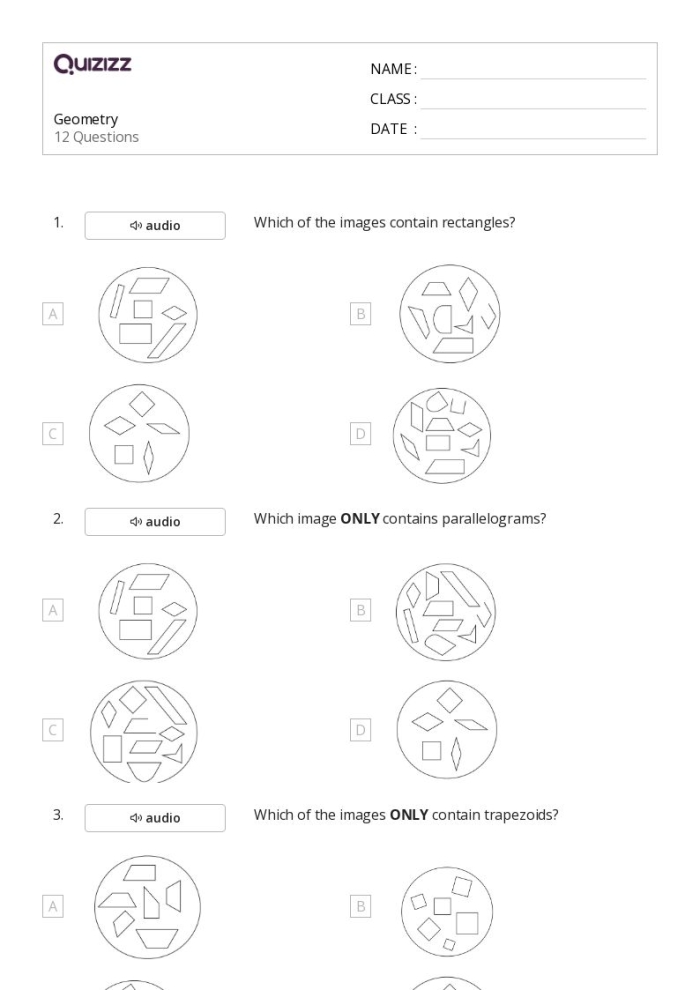 Fourth grade geometry review worksheet with shape identification and angle measurement problems for year-end assessment